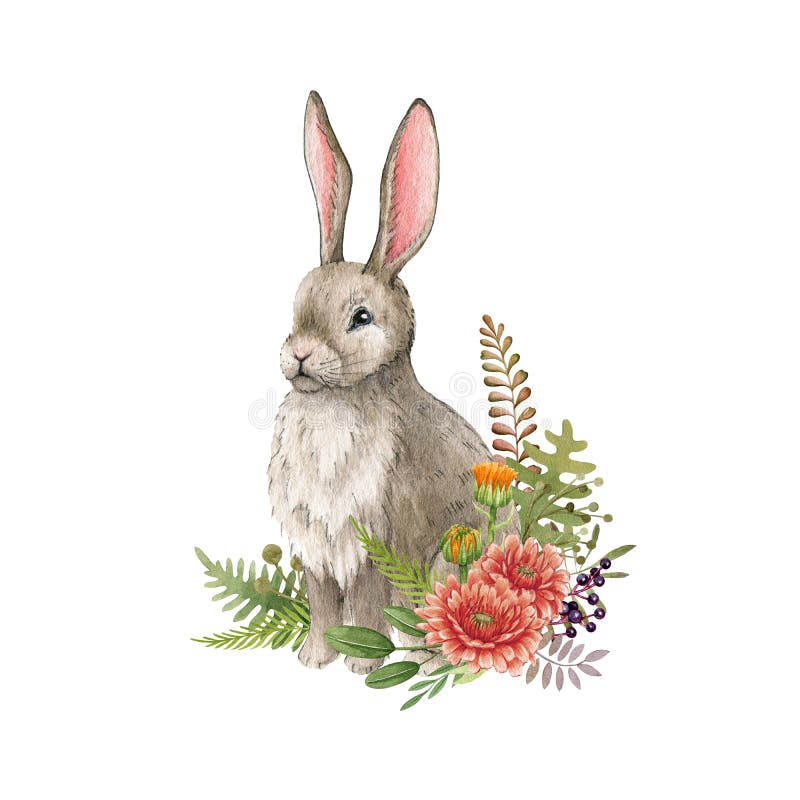 Funny bunny with flowers. Watercolor illustration. Cute bunny floral arrangement on white background. Rabbit with
