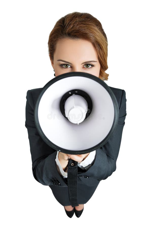 Funny business woman shouting with a megaphone stock photography Funny business woman shouting with a megaphone stock photography