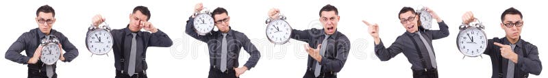 The funny businessman with clock isolated on white. Funny businessman with clock isolated on white stock photos The funny businessman with clock isolated on white. Funny businessman with clock isolated on white stock photos