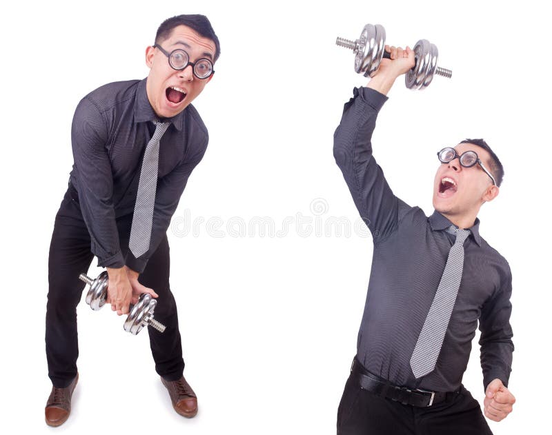 The Funny Businessman with Dumbbells Isolated on White Stock Photo
