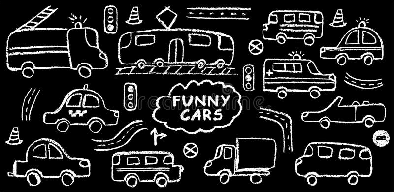 Funny Car. Charming Vektorzeichnung von Fahrzeugen einschließlich Straßenbahn-Taxi-Polizei Auto-Feuerwehrwagen und Cabriolet. lizenzfreie abbildung