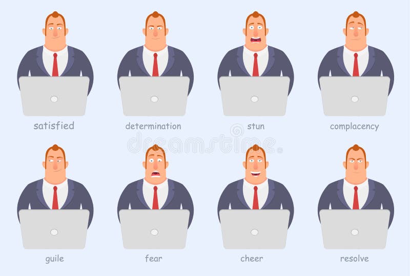 Funny cartoon character. Office workers of different emotions, anger, joy, seriousness, fear, fun.