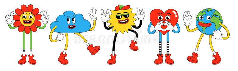 Funny Cartoon Characters in Trendy Retro Cartoon Style. Vector Illustration of Flower, Earth, Heart, Sun and Cloud. Stock Vector - Illustration of bright, color: 225876425 Funny Cartoon Characters in Trendy Retro Cartoon Style. Vector Illustration of Flower, Earth, Heart, Sun and Cloud. Stock Vector - Illustration of bright, color: 225876425