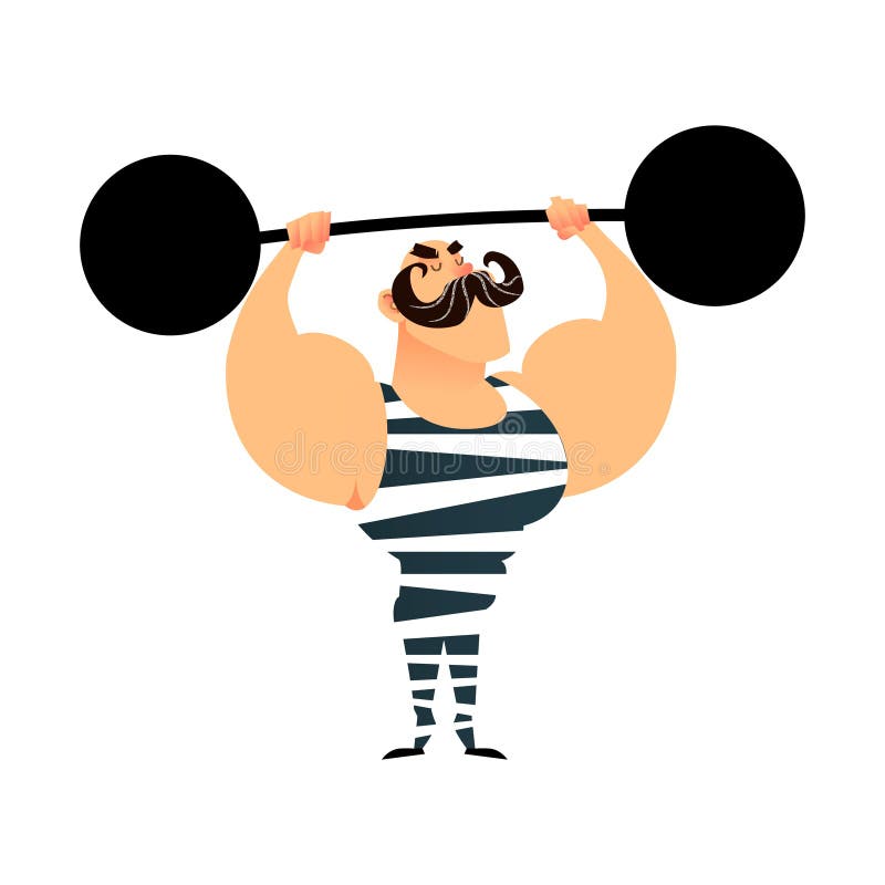 Funny cartoon circus strong man. A strong muscular athlete lifts the barbell. Retro sportsman with a mustache. Flat guy character