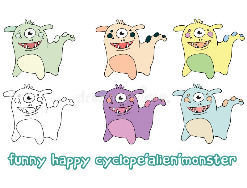 Funny cartoon colored write hand made draw doodle monster aliens dogs cyclops royalty free illustration Funny cartoon colored write hand made draw doodle monster aliens dogs cyclops royalty free illustration