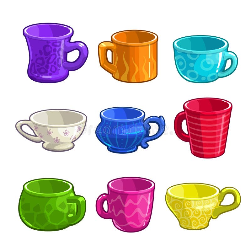 Funny cartoon colorful tea and coffee cups