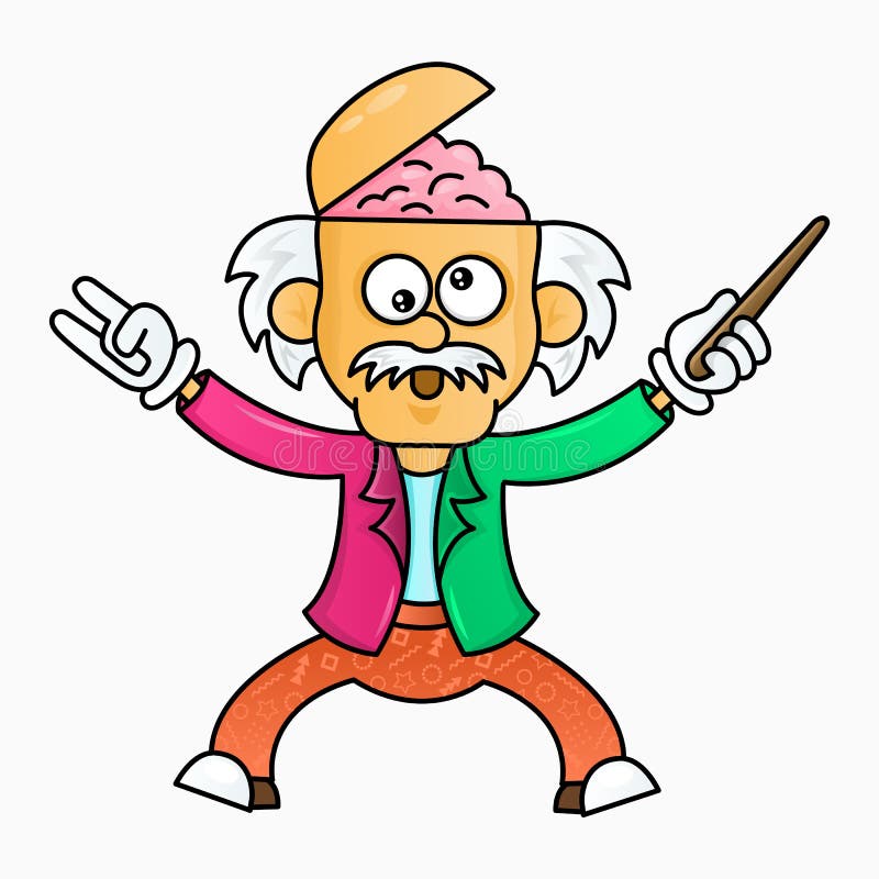 Funny cartoon crazy professor. Madman teacher character. The brain jumped out of the scientist`s head. Design for print, emblem
