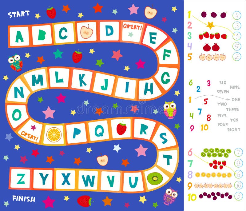 Funny cartoon English alphabet game Playmats for Preschool Children, Owls, stars, kiwi orange strawberry apple. Red squares on