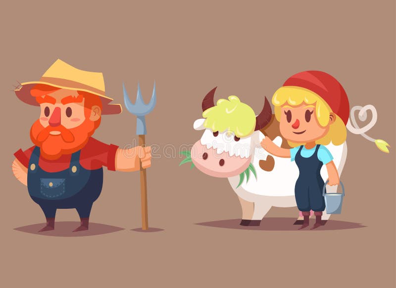Download Funny Cartoon Farmer Characters Man Woman Cow Vector Clip ...