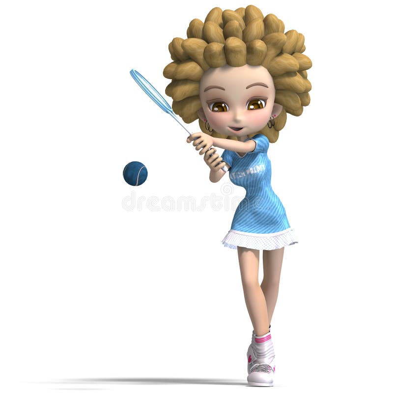 Funny Cartoon Girl with Curly Hair Plays Tennis Stock Illustration -  Illustration of isolated, dinky: 15144011