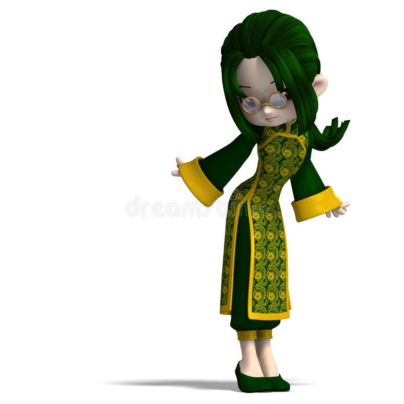 Funny cartoon girl in green china dress