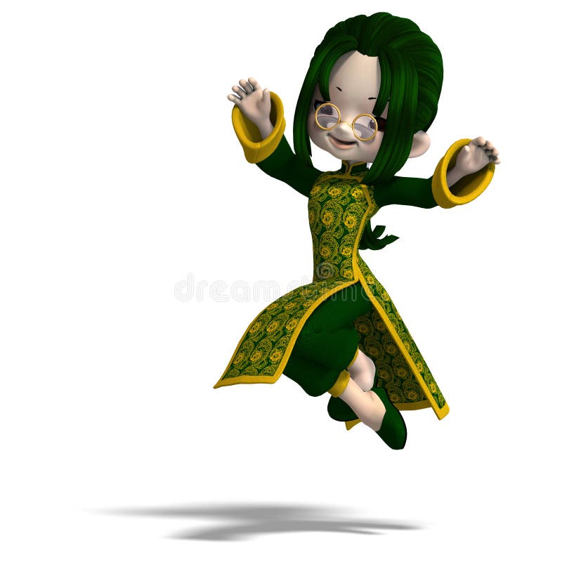 Funny cartoon girl in green china dress. 3D