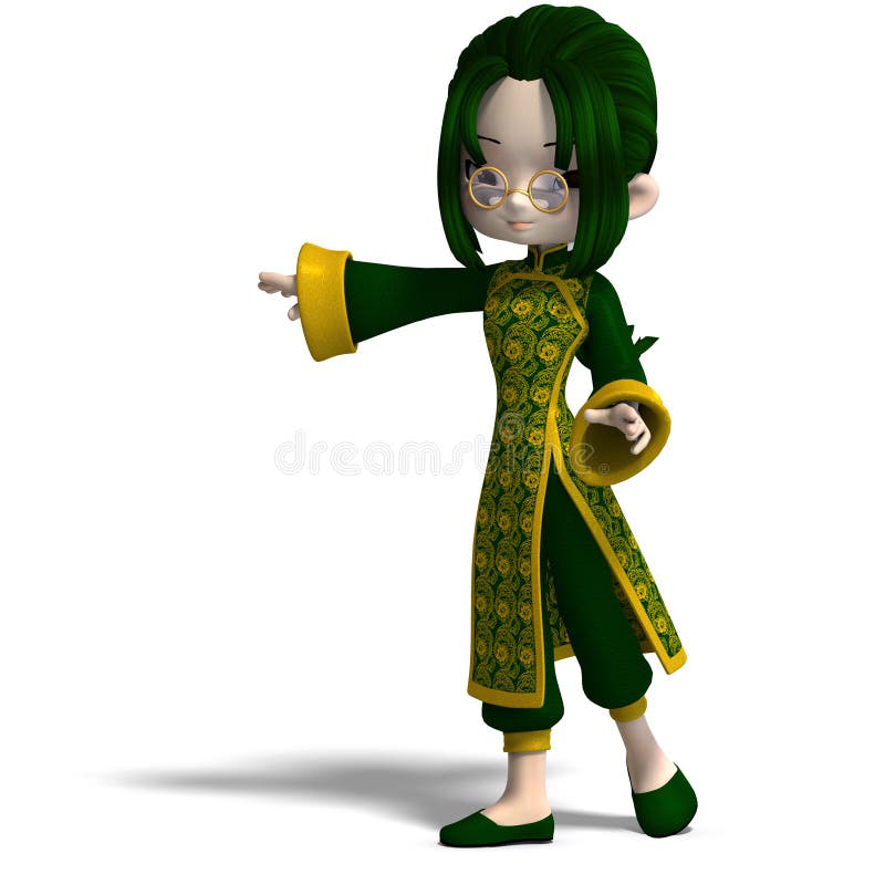 Funny cartoon girl in green china dress. 3D