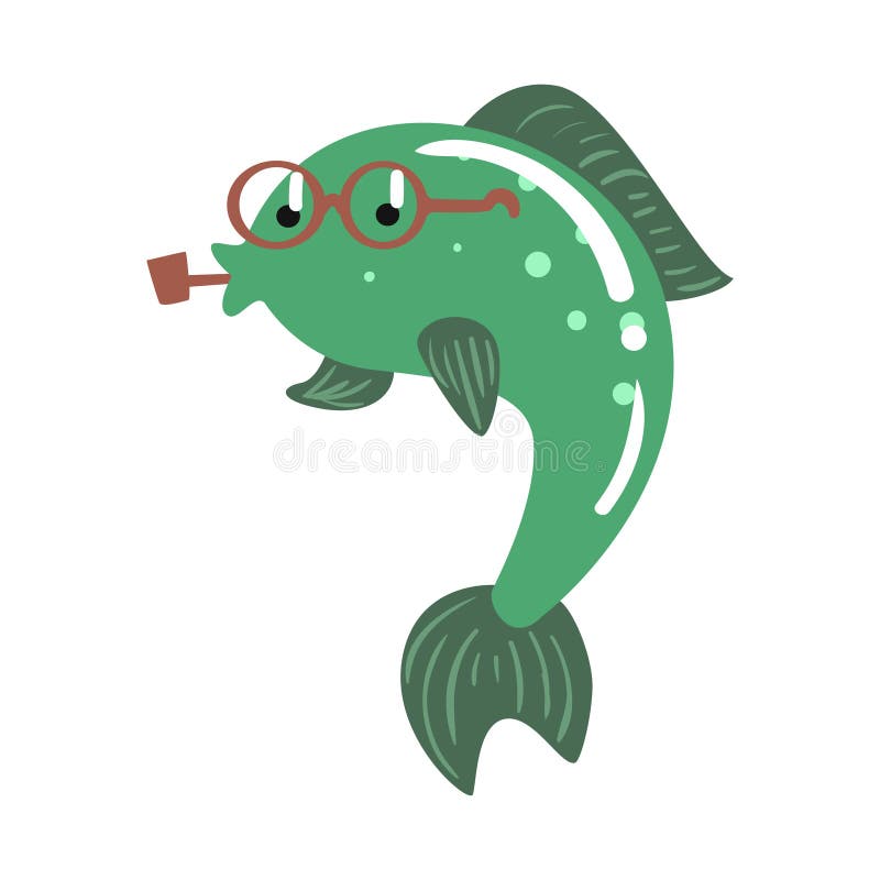 Funny Cartoon Green Fish in Glasses Smoking Pipe Colorful Character Vector  Illustration Stock Vector - Illustration of animal, river: 97296830