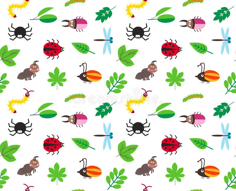 Funny cartoon insects and leaves vector background