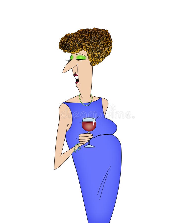 Funny Cartoon Lady Drinking Wine and Talking. 