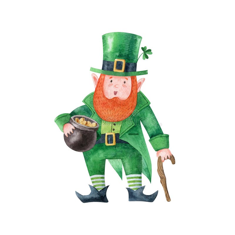 Funny cartoon leprechaun with pot of gold and walking stick. Happy Saint Patrick`s Day. Character with green hat and costume. Watercolor illustration isolated on white background. Hand drawn clipart