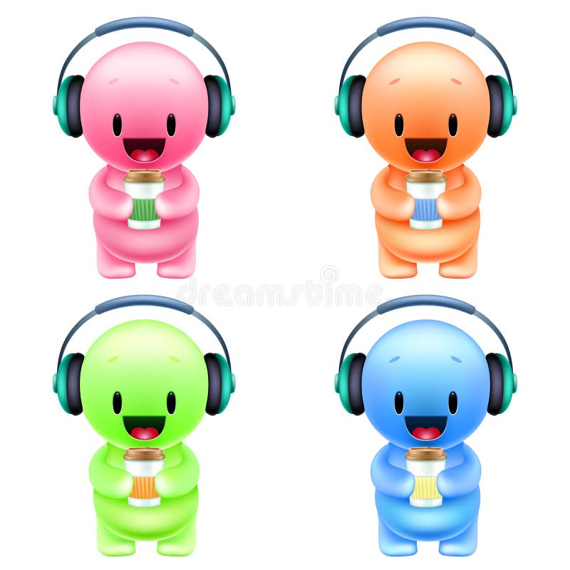 Funny cartoon little colored men with headphones and paper