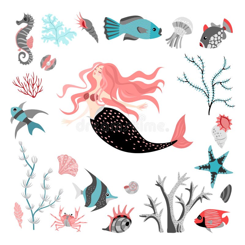 Funny cartoon mermaid surrounded by tropical fish, animal, seaweed and corals. Sea life. stock illustration Funny cartoon mermaid surrounded by tropical fish, animal, seaweed and corals. Sea life. stock illustration