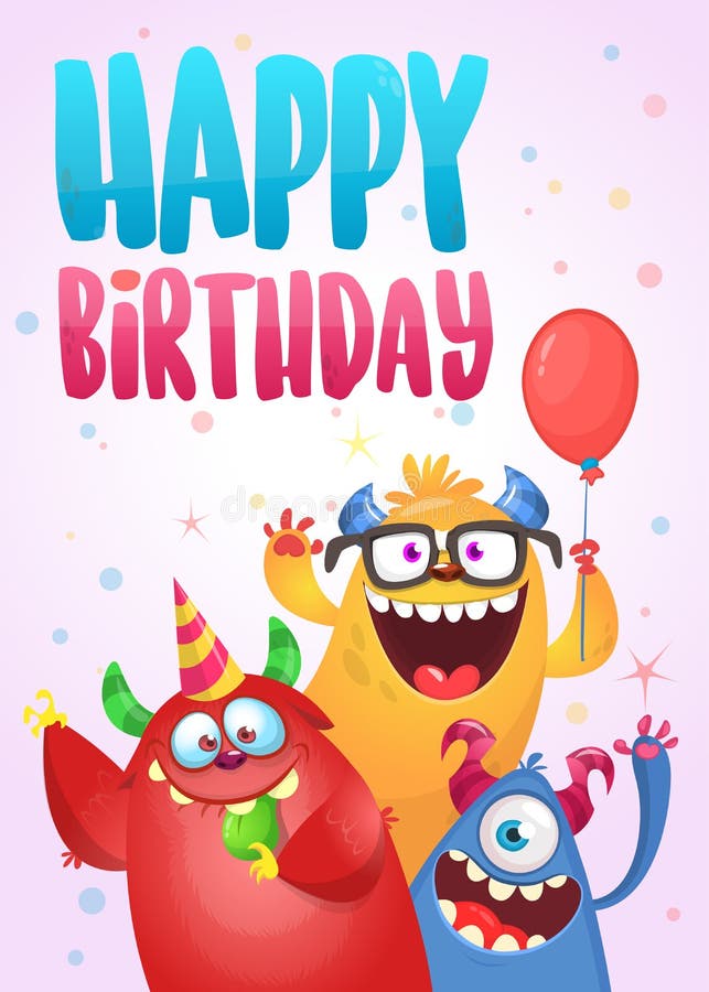 Funny Cartoon Monster Characters Set Card for Birthday Party ...