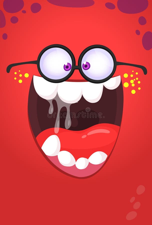 Funny cartoon monster face with eyeglasses. Vector Halloween monster square avatar.