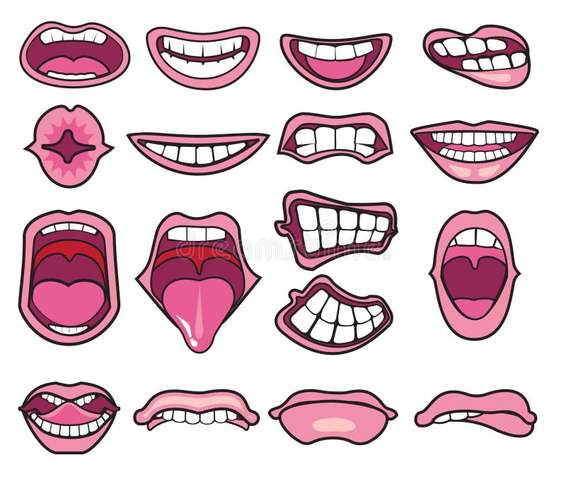 Funny Cartoon mouths set stock illustration. Illustration of lips -  125759507