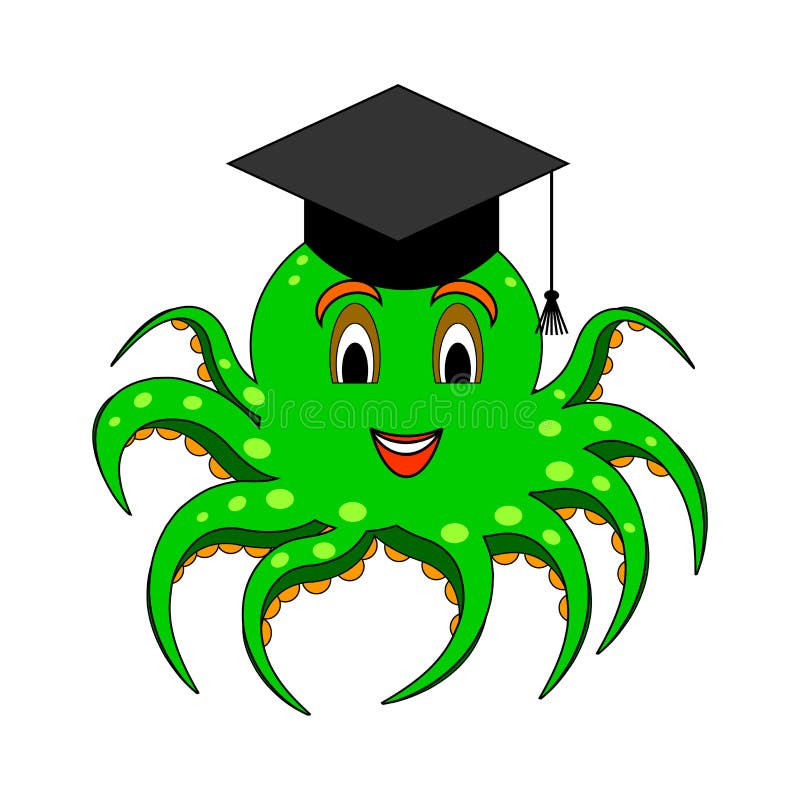 A funny cartoon octopus in a magister cap