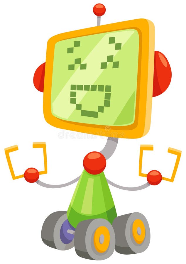 Funny cartoon robot fantasy character with big screen royalty free illustration