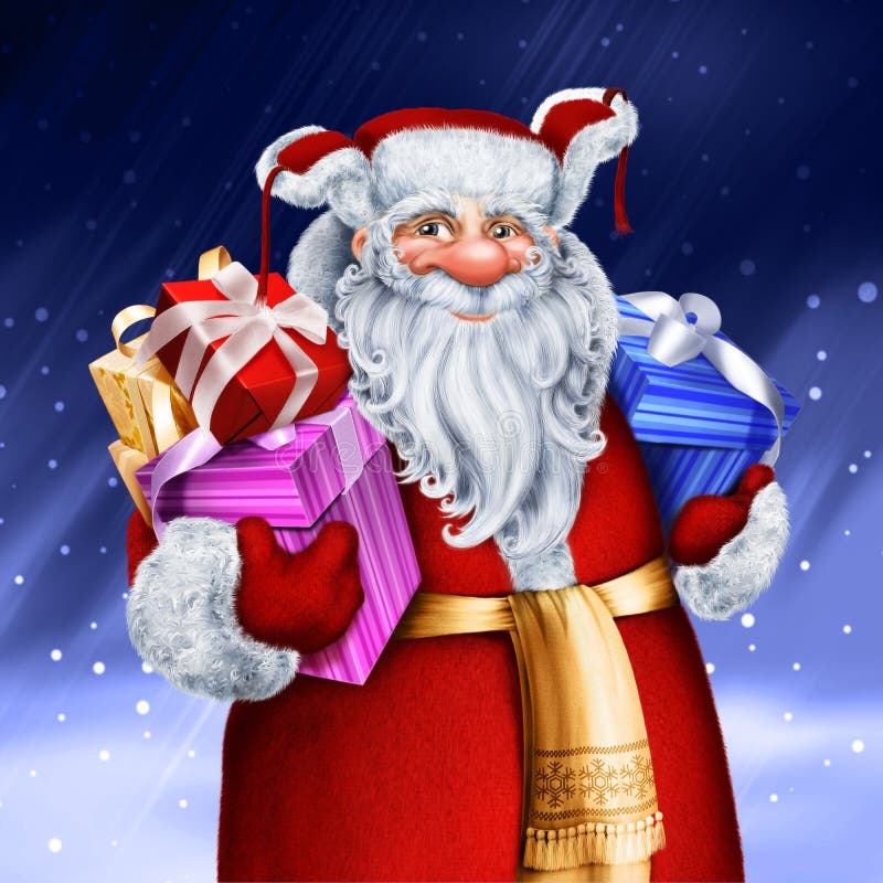 Funny cartoon russian Santa Claus with gift packages. stock illustration Funny cartoon russian Santa Claus with gift packages. stock illustration