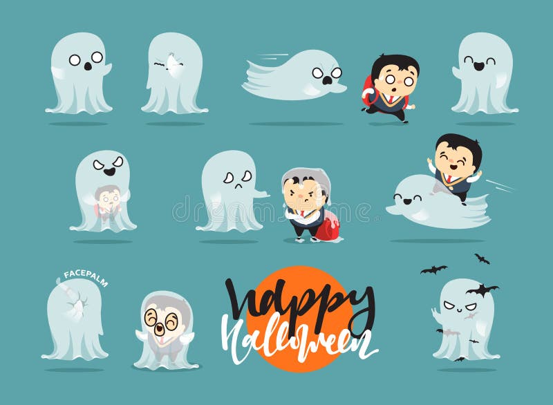 Funny cartoon schoolboy character and ghosts, vector illustration Funny cartoon schoolboy character and ghosts, vector illustration