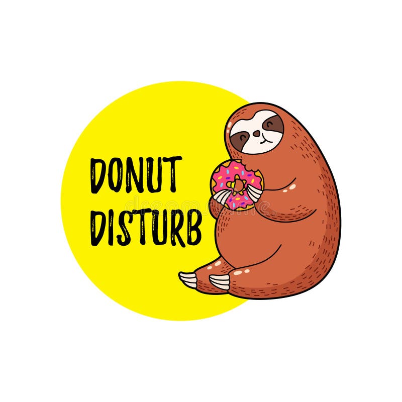 Cute vector illustration. Funny cartoon sloth eating a donut. Funny cartoon cute fat sloth vectors