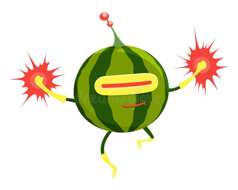 Funny cartoon superhero watermelon character, humanized fruit sticker or poster. Flying hero. Healthy vegan and vector illustration Funny cartoon superhero watermelon character, humanized fruit sticker or poster. Flying hero. Healthy vegan and vector illustration