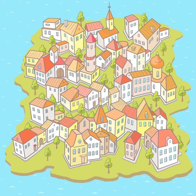Funny Cartoon Town on the Small Island Stock Vector - Illustration of  green, windows: 95621170