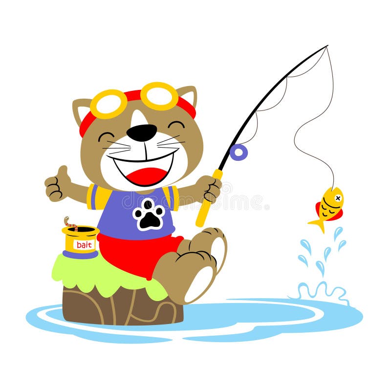 Fishing Cat Funny Cartoon Illustration Stock Vector Illustration of