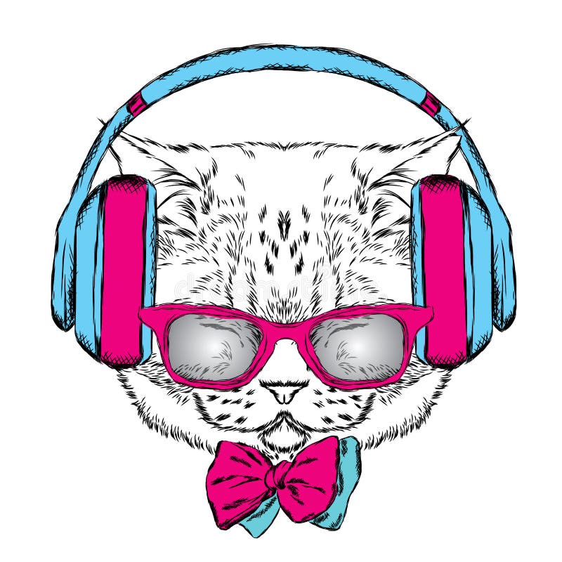 Portrait Of Cat With Headphones. Stock Illustration Illustration of