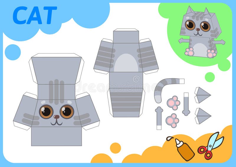Funny Cat Paper Model. Small home craft project, DIY paper game. Cut out, fold and glue. Cutouts for children. Vector