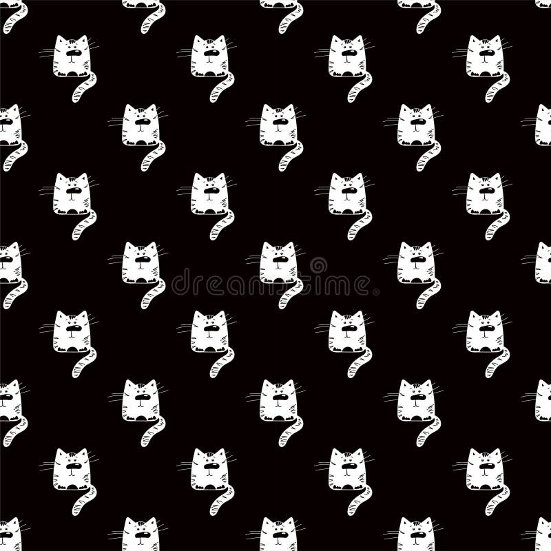 Funny Cat. Seamless Black and White Pattern. Silhouette of a Cartoon ...