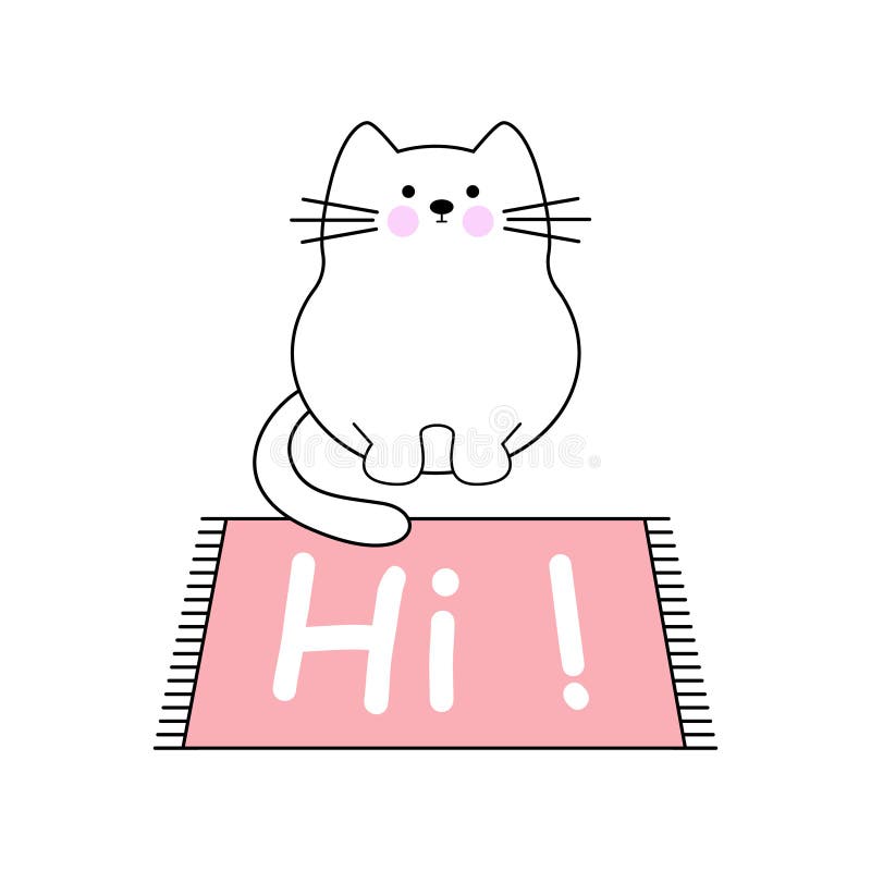 A Funny Cat is Sitting in Front of a Mat with the Inscription HI