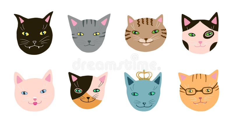 Cartoon Illustration of funny Cats ot Kittens Heads Collection Set