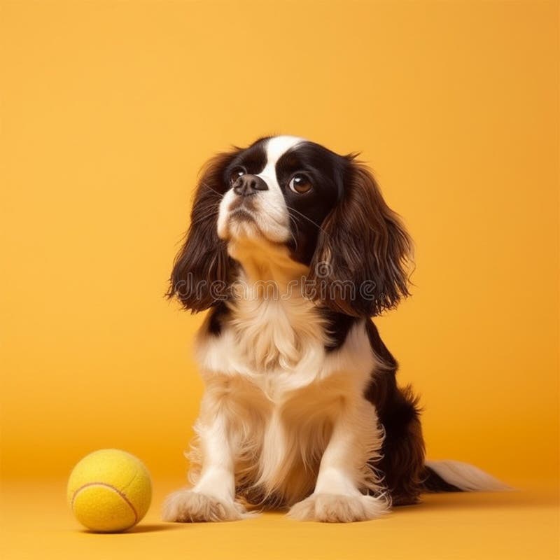 funny cavalier king charles spaniel with tennis balls on a yellow background