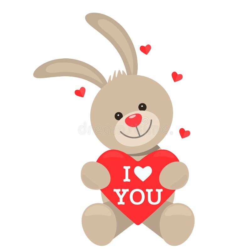 Funny character Rabbit holds in his paws a big heart with the words I love you. The concept of Valentine`s Day, wedding, Easter. Flat vector illustration vector illustration