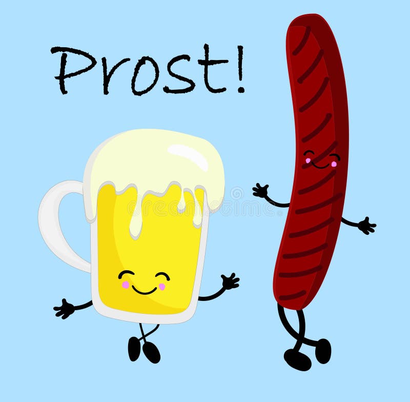 Funny Characters Beer and Sausage.translation from German Hurray Stock Illustration