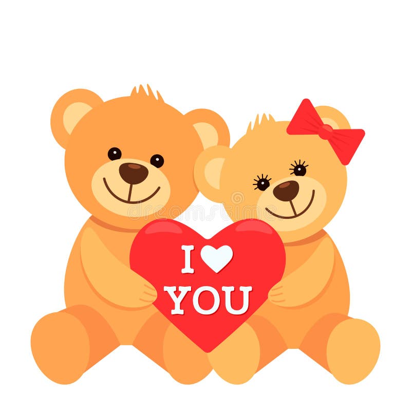 Funny characters are two teddy bears hugging and holding in their paws a big heart with the inscription I love you. The concept of vector illustration Funny characters are two teddy bears hugging and holding in their paws a big heart with the inscription I love you. The concept of vector illustration