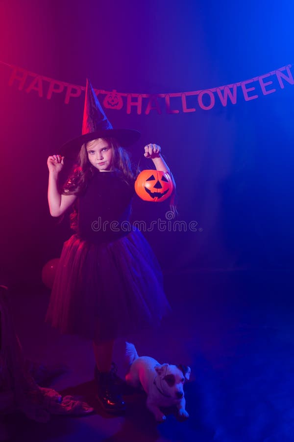 Funny child girl in witch costume for Halloween with pumpkin Jack and dog.