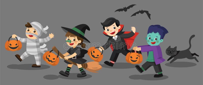 Funny children in colorful costumes and a cat. stock illustration Funny children in colorful costumes and a cat. stock illustration