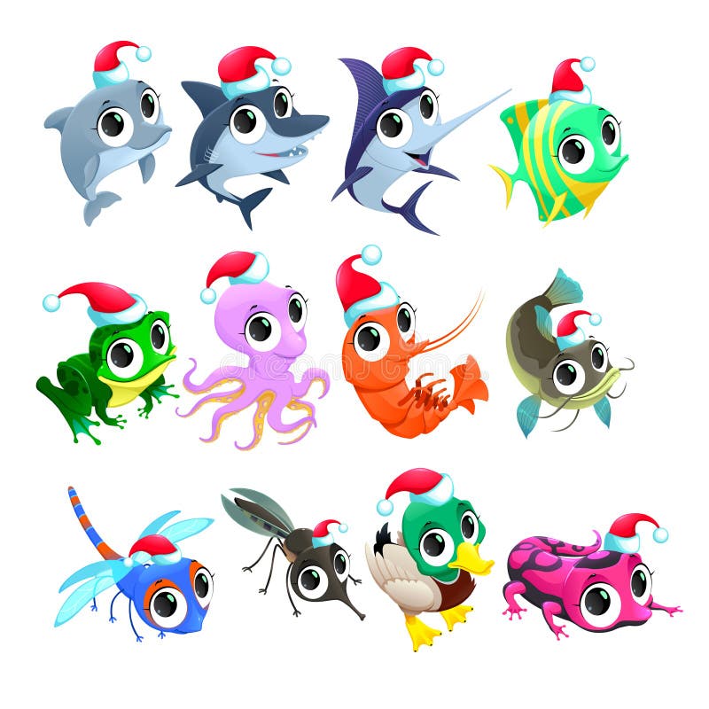 Funny Christmas animals. Vector isolated elements.