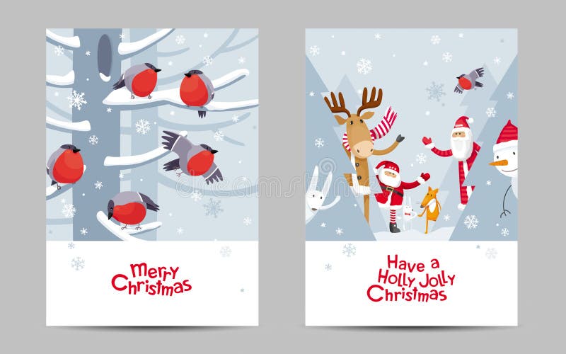 Funny Christmas birds, animals and Santa vector cards