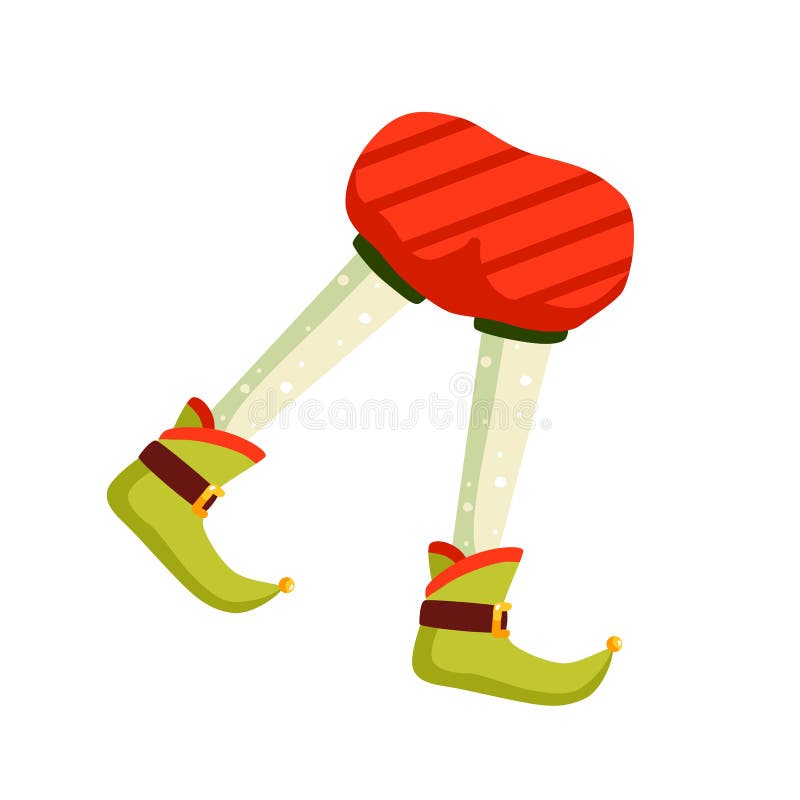 Funny christmas elf feet flat vector illustration. Santa claus helper cartoon character. Elfin legs in traditional xmas