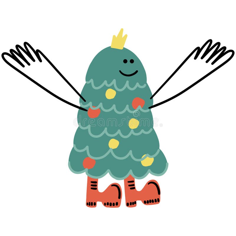 Funny Christmas Fir Tree Character. Cute New Year Concept. Pine Tree with Smiley Face, Boots, Legs and Hands. Happy Xmas