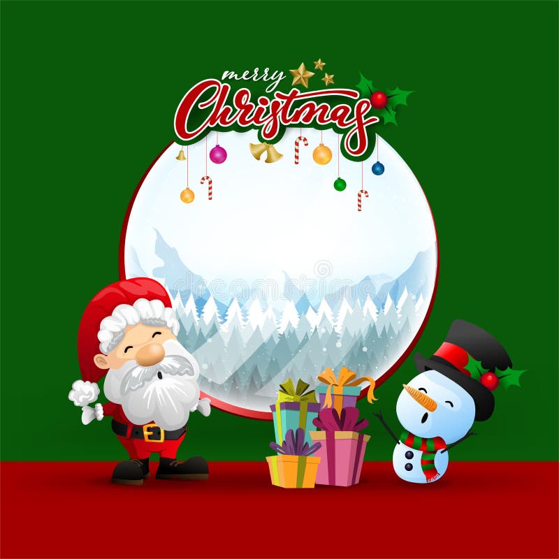 Funny Christmas Greeting Card, With Santa and Snowman on green wall background